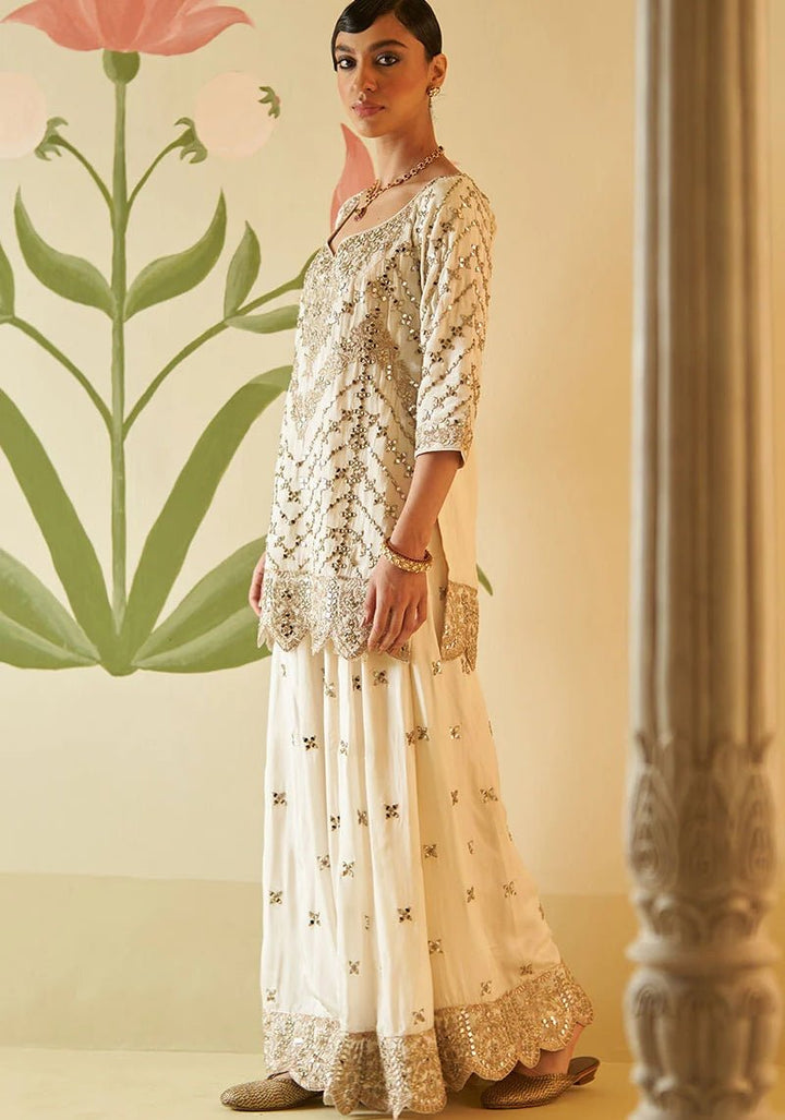 Ivory and Muted Rose Gold Mirror Work Silk Kurta Set Angad Singh - Fabilicious Fashion