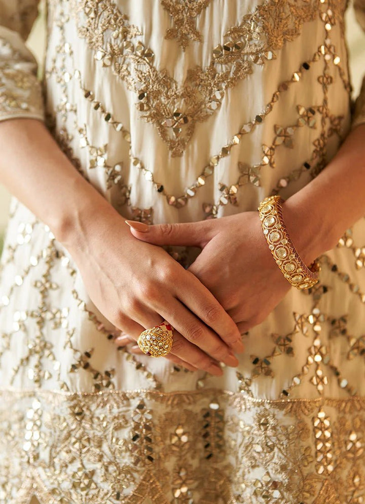 Ivory and Muted Rose Gold Mirror Work Silk Kurta Set Angad Singh - Fabilicious Fashion