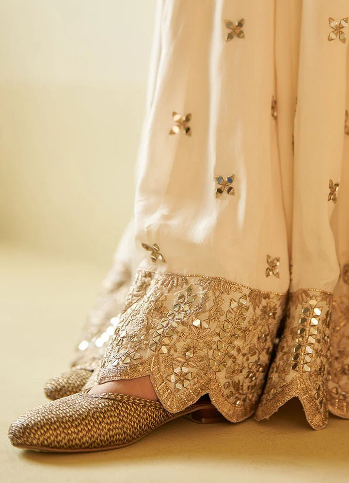 Ivory and Muted Rose Gold Mirror Work Silk Kurta Set Angad Singh - Fabilicious Fashion