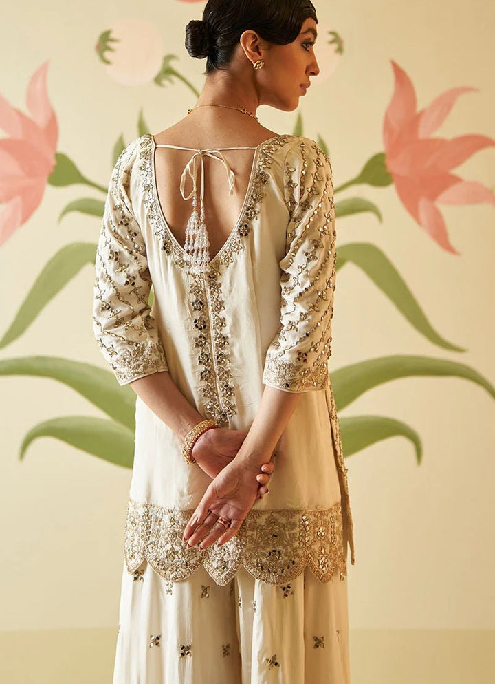 Ivory and Muted Rose Gold Mirror Work Silk Kurta Set Angad Singh - Fabilicious Fashion