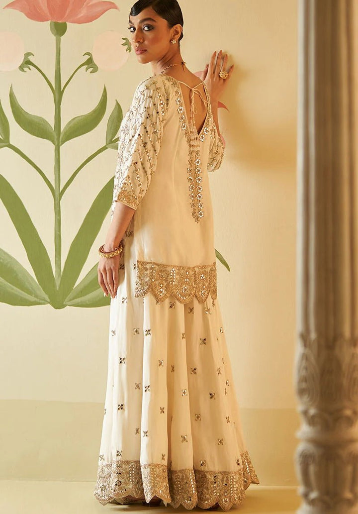 Ivory and Muted Rose Gold Mirror Work Silk Kurta Set Angad Singh - Fabilicious Fashion