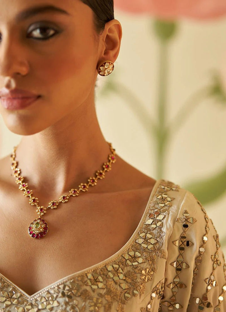 Ivory and Muted Rose Gold Mirror Work Silk Kurta Set Angad Singh - Fabilicious Fashion