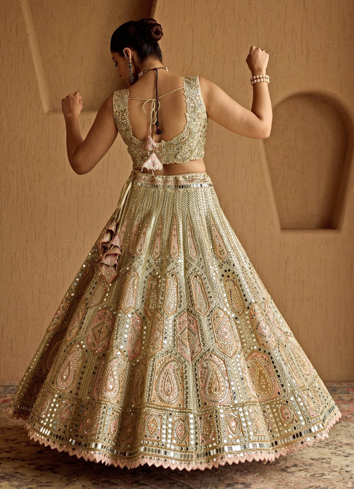 Ivory And Peach Mirror Embroidered Tissue Lehenga Suhino - Fabilicious Fashion