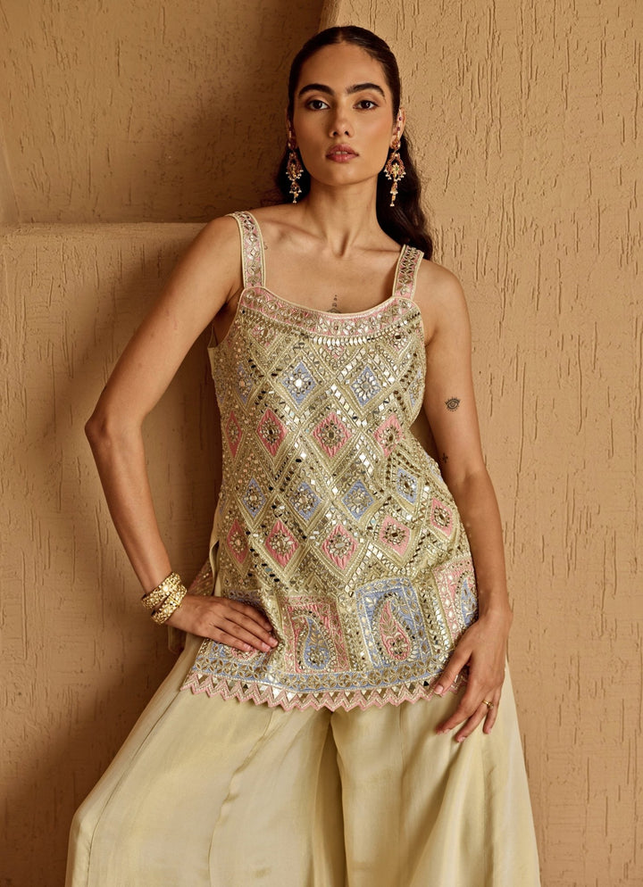 Ivory And Pink Mirror Embroidered Tissue Kurta Sharara Set Suhino - Fabilicious Fashion