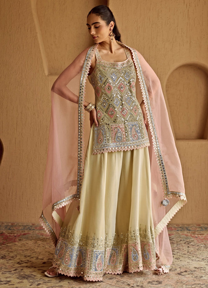 Ivory And Pink Mirror Embroidered Tissue Kurta Sharara Set Suhino - Fabilicious Fashion