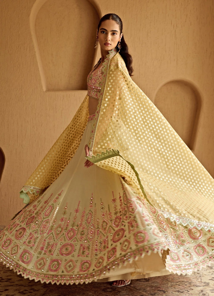 Ivory And Yellow Embroidered Tissue Lehenga Suhino - Fabilicious Fashion