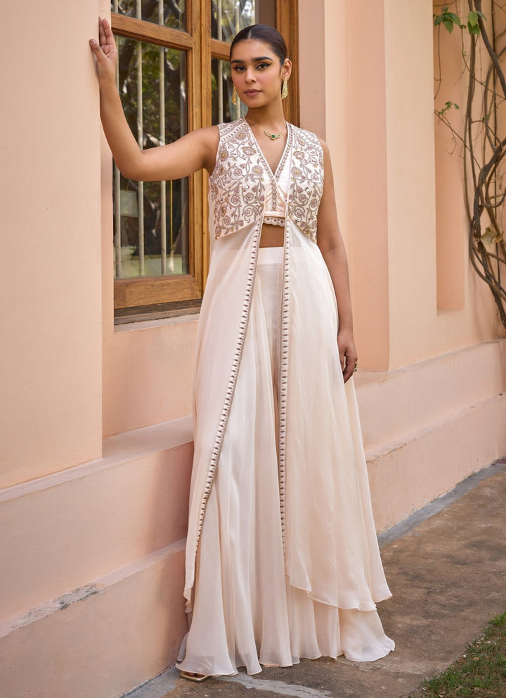 Ivory Embellished Sharara Set With Cape Isha Gupta Tayal - Fabilicious Fashion