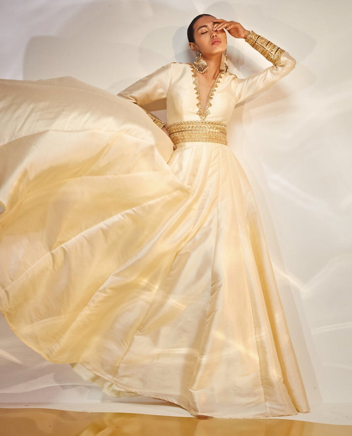 Ivory Embroidered Anarkali Gown Akara - Fabilicious Fashion