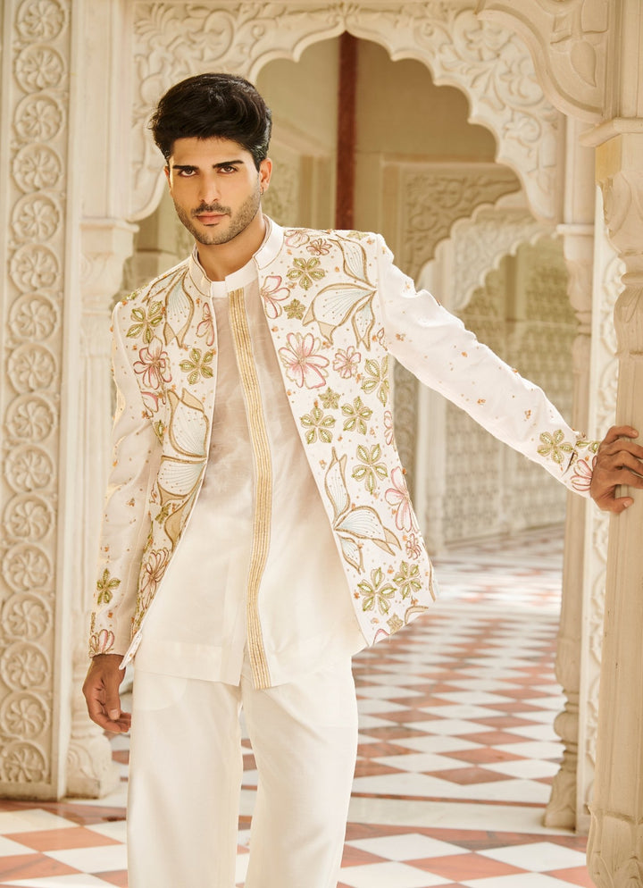Ivory Embroidered Bandhgala Jacket Set Contrast By Parth - Fabilicious Fashion