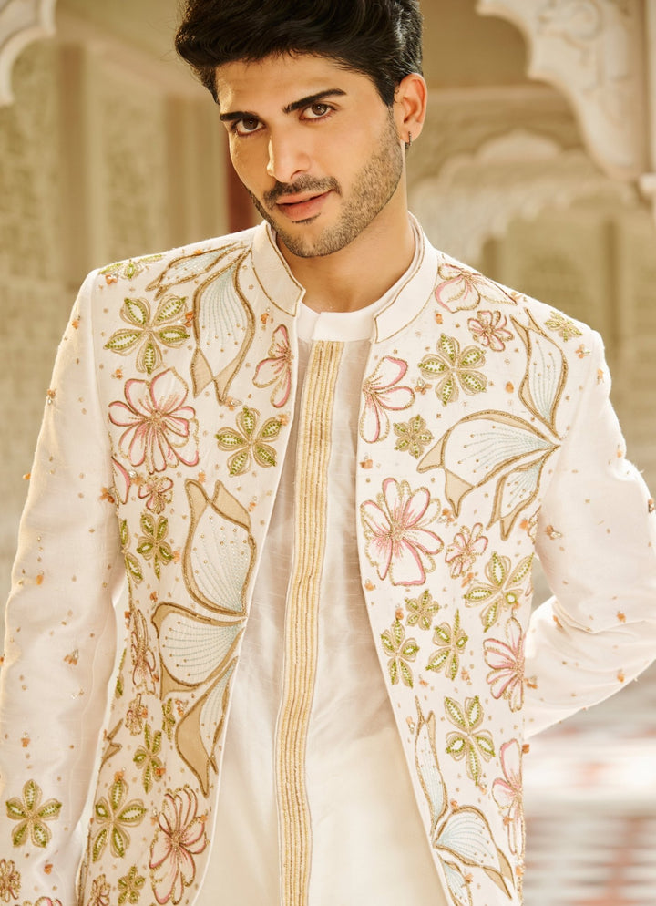 Ivory Embroidered Bandhgala Jacket Set Contrast By Parth - Fabilicious Fashion