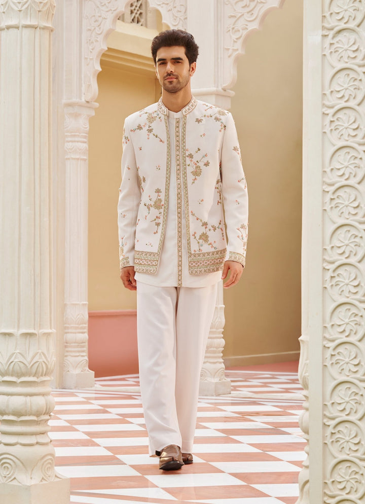 Ivory Embroidered Bandhgala Jacket Set Contrast By Parth - Fabilicious Fashion