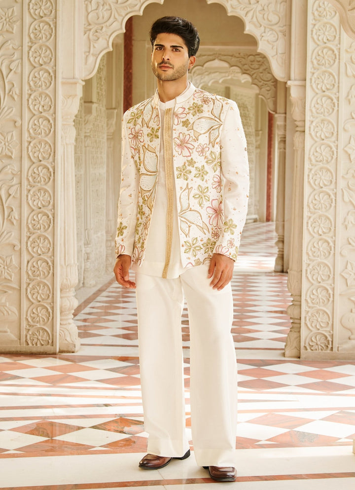 Ivory Embroidered Bandhgala Jacket Set Contrast By Parth - Fabilicious Fashion