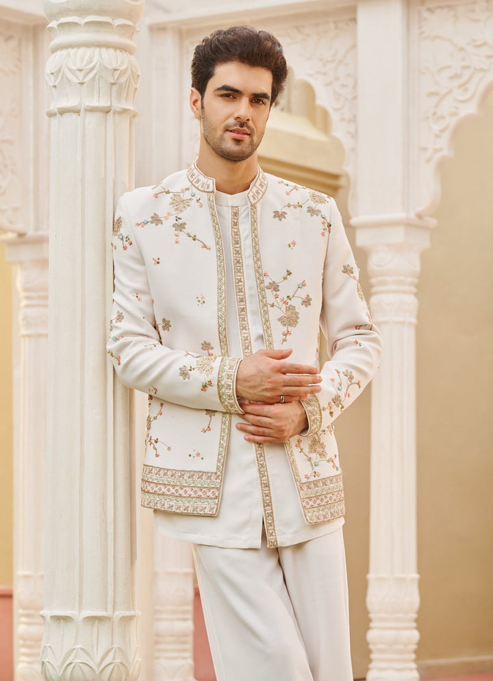 Ivory Embroidered Bandhgala Jacket Set Contrast By Parth - Fabilicious Fashion