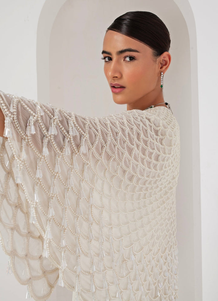 Ivory Embroidered Georgette Gown with Cape Akara - Fabilicious Fashion