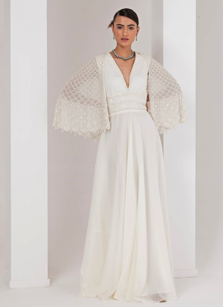 Ivory Embroidered Georgette Gown with Cape Akara - Fabilicious Fashion