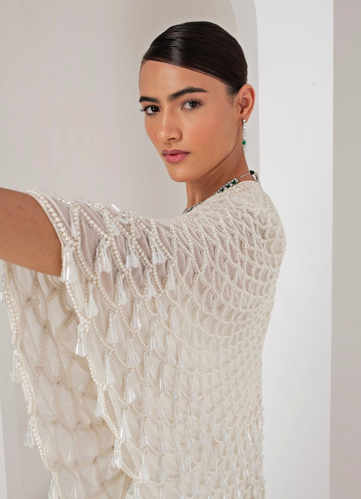 Ivory Embroidered Georgette Gown with Cape Akara - Fabilicious Fashion