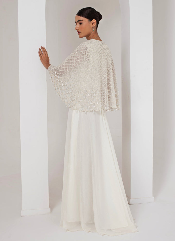 Ivory Embroidered Georgette Gown with Cape Akara - Fabilicious Fashion