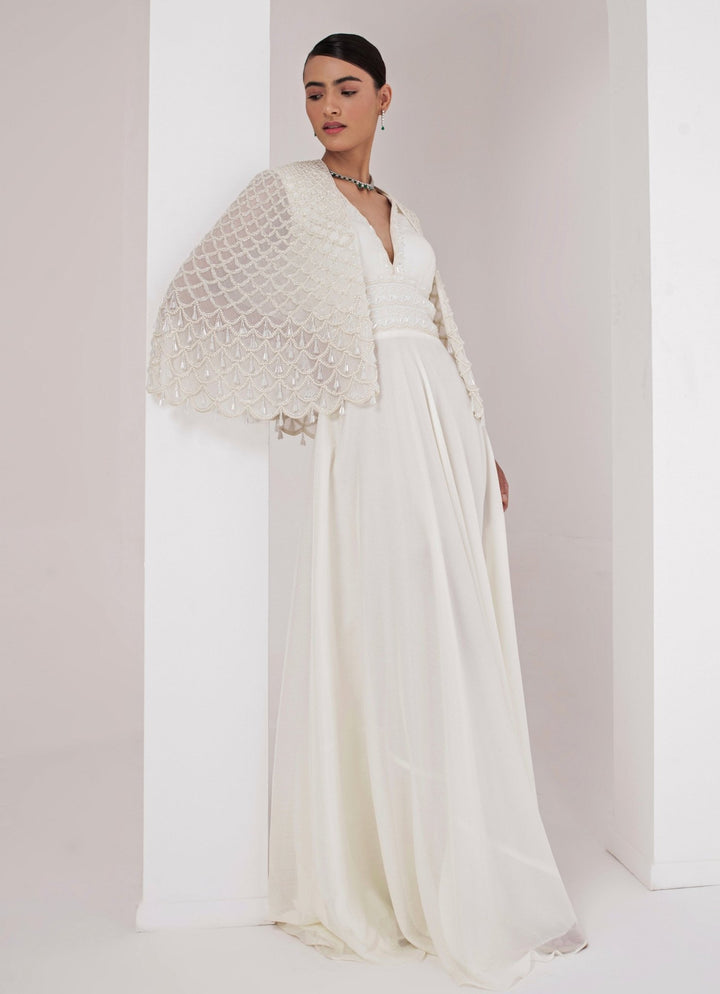 Ivory Embroidered Georgette Gown with Cape Akara - Fabilicious Fashion