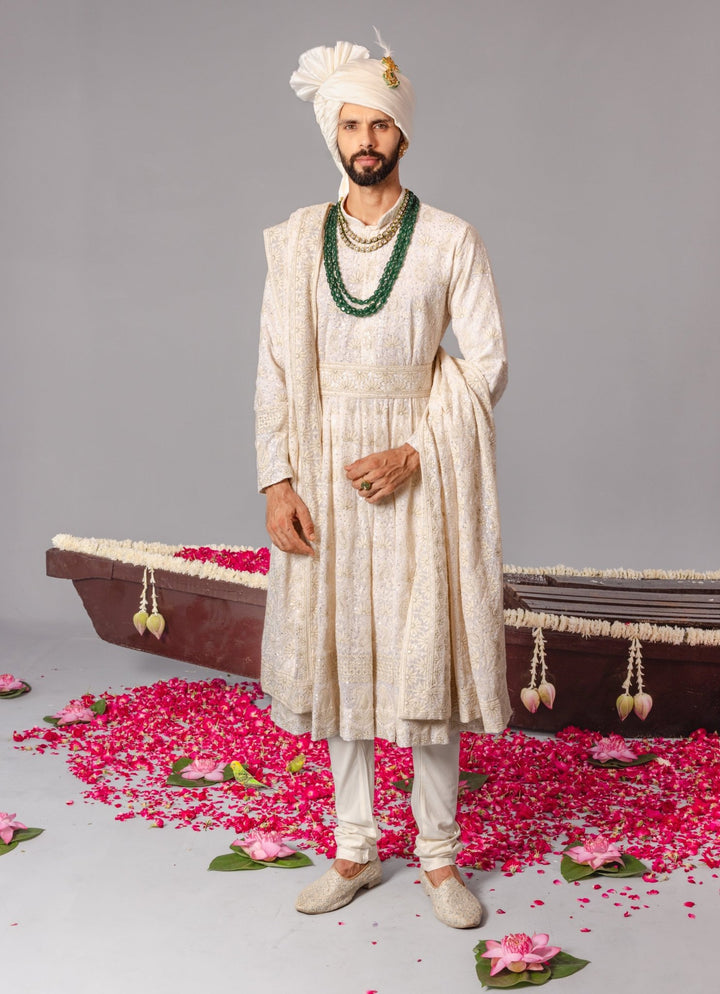 Ivory Embroidered Georgette Sherwani Set Kalpraag - Fabilicious Fashion