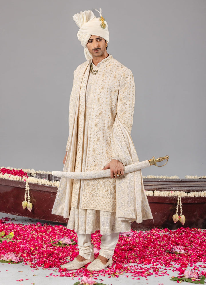Ivory Embroidered Georgette Sherwani Set Kalpraag - Fabilicious Fashion