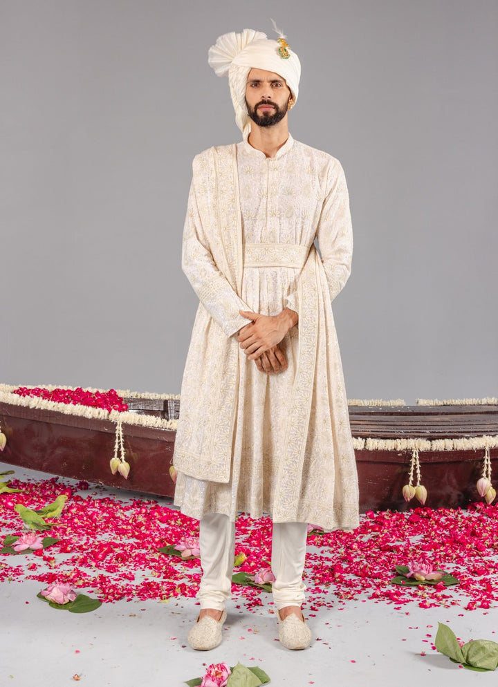 Ivory Embroidered Georgette Sherwani Set Kalpraag - Fabilicious Fashion