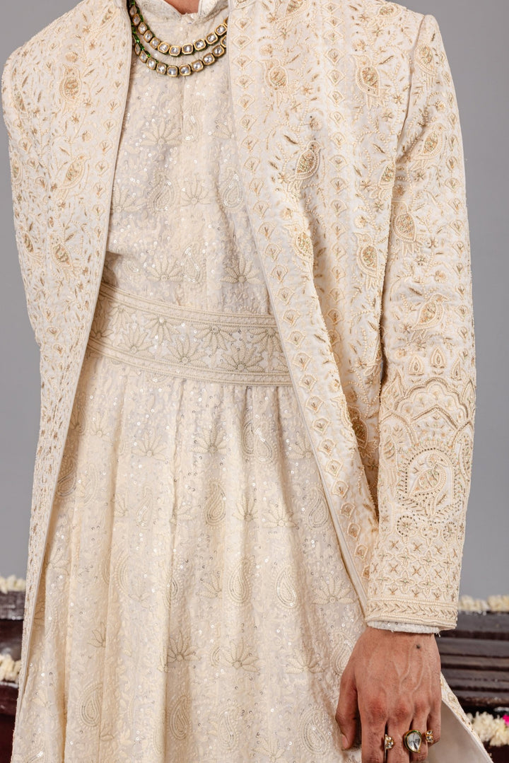 Ivory Embroidered Georgette Sherwani Set Kalpraag - Fabilicious Fashion