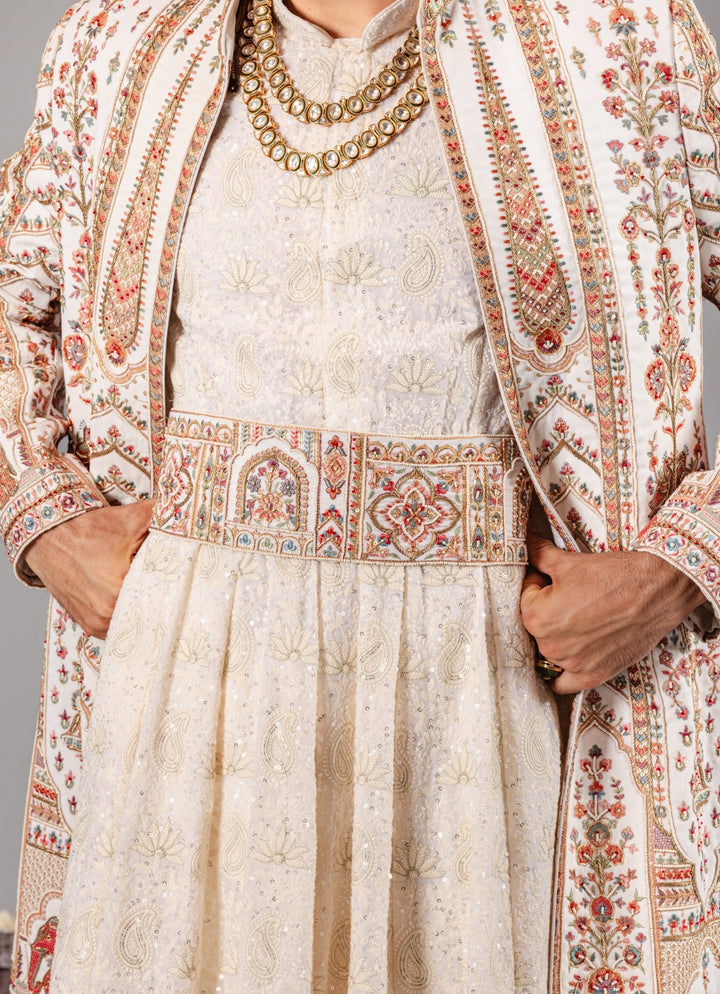 Ivory Embroidered Georgette Sherwani Set Kalpraag - Fabilicious Fashion