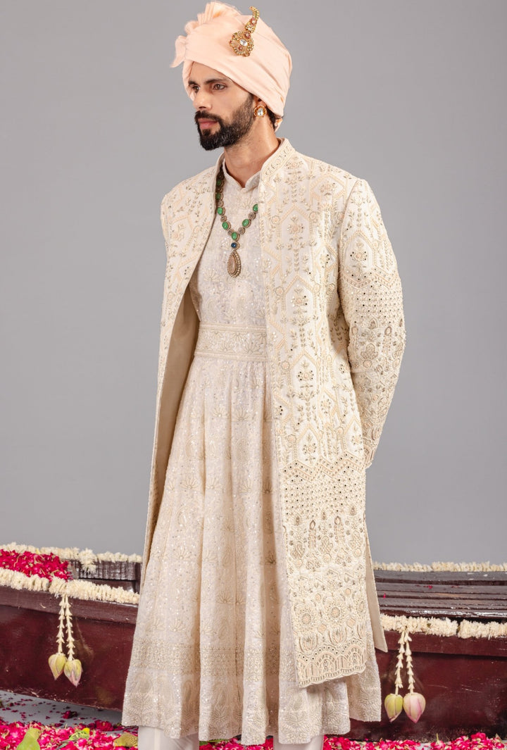 Ivory Embroidered Georgette Sherwani Set Kalpraag - Fabilicious Fashion