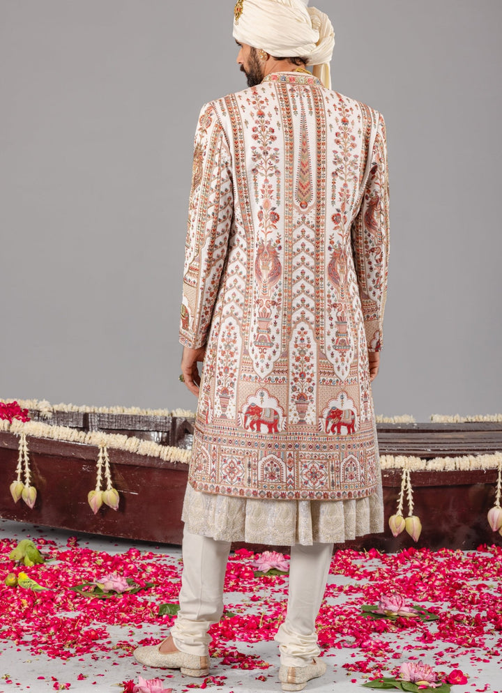 Ivory Embroidered Georgette Sherwani Set Kalpraag - Fabilicious Fashion
