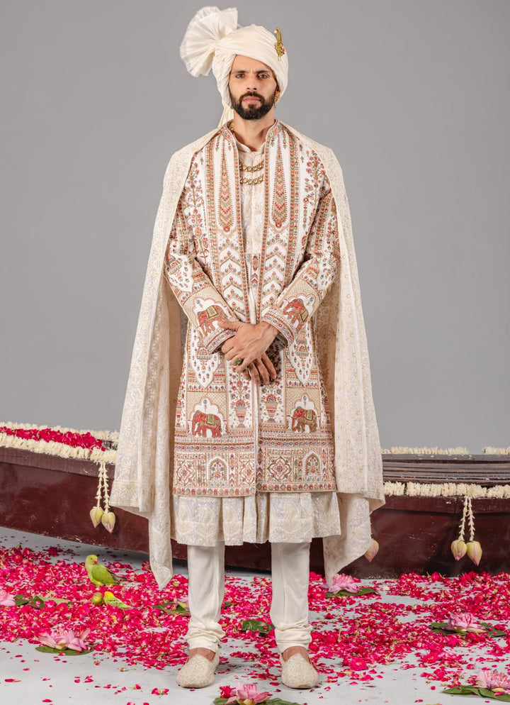 Ivory Embroidered Georgette Sherwani Set Kalpraag - Fabilicious Fashion