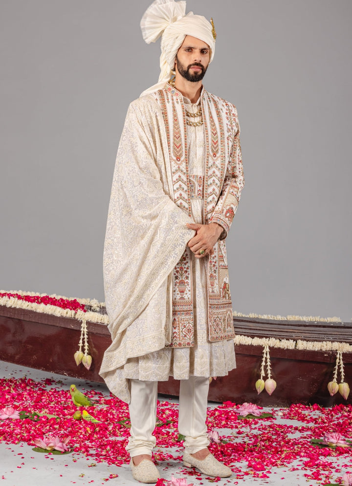 Ivory Embroidered Georgette Sherwani Set Kalpraag - Fabilicious Fashion