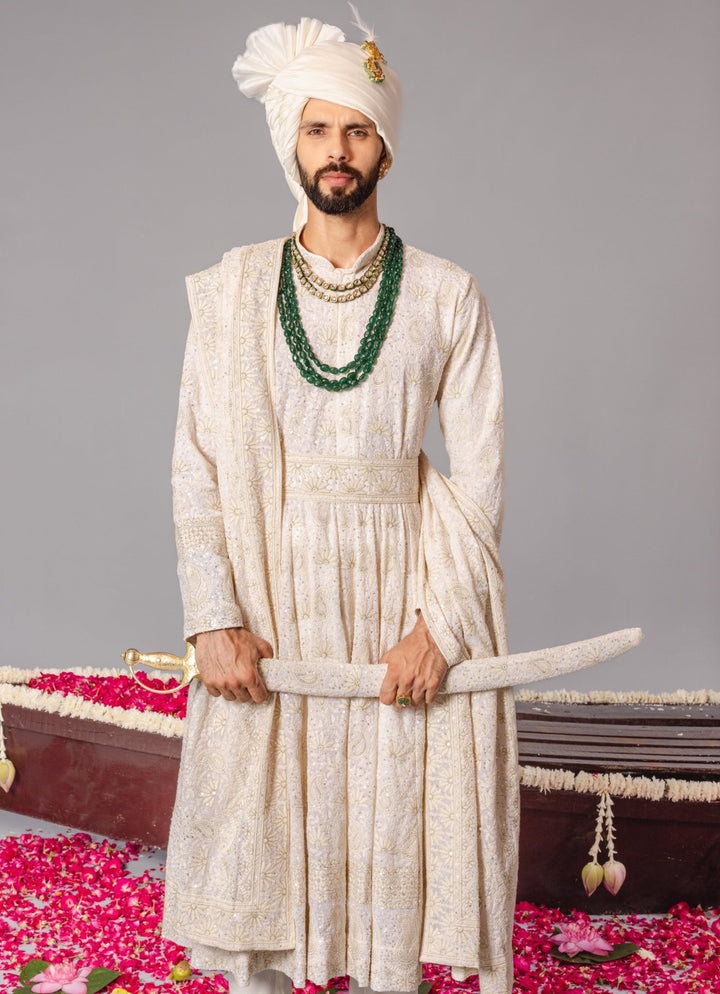 Ivory Embroidered Georgette Sherwani Set Kalpraag - Fabilicious Fashion