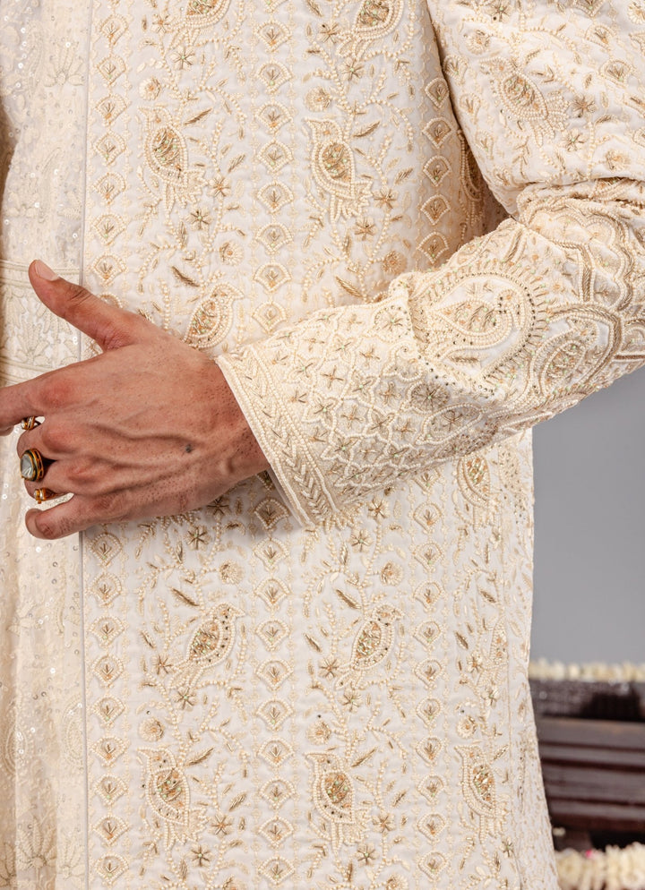 Ivory Embroidered Georgette Sherwani Set Kalpraag - Fabilicious Fashion