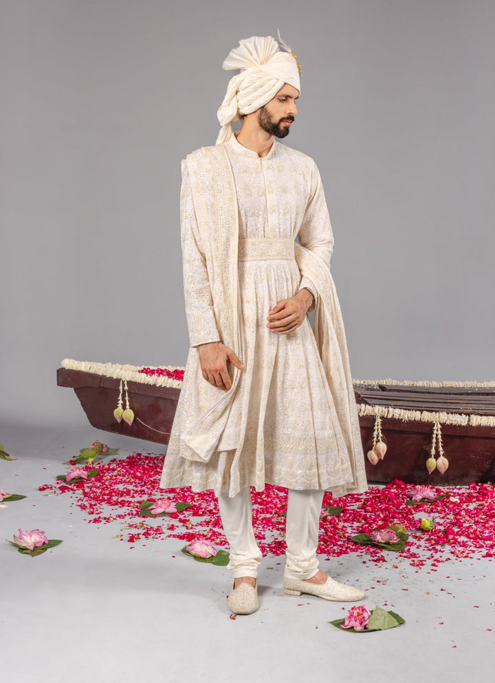 Ivory Embroidered Georgette Sherwani Set Kalpraag - Fabilicious Fashion