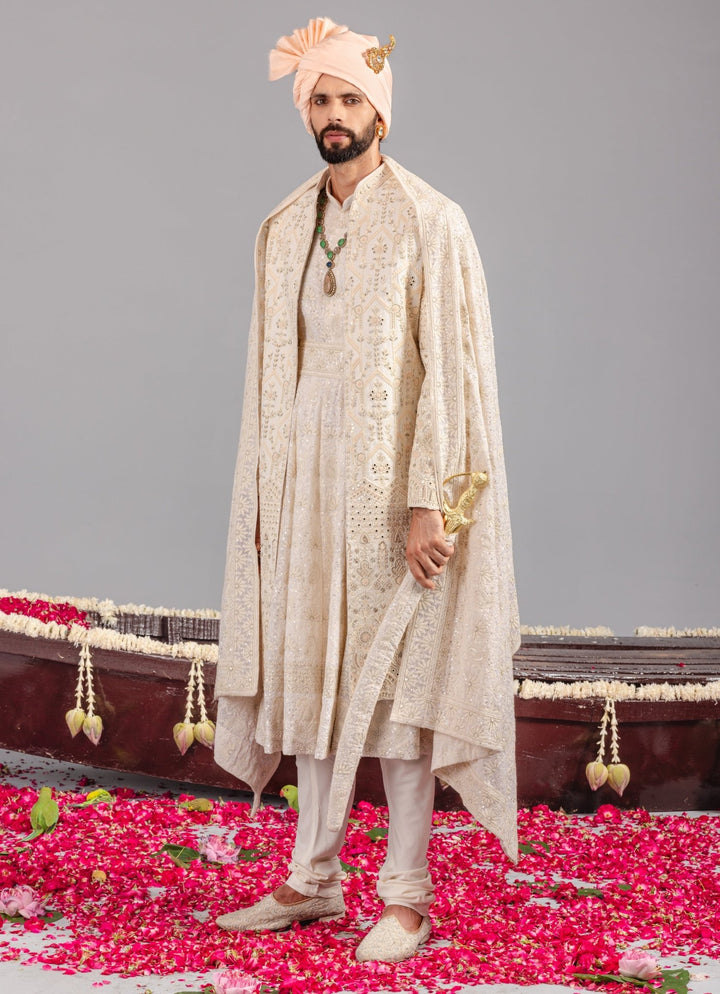 Ivory Embroidered Georgette Sherwani Set Kalpraag - Fabilicious Fashion