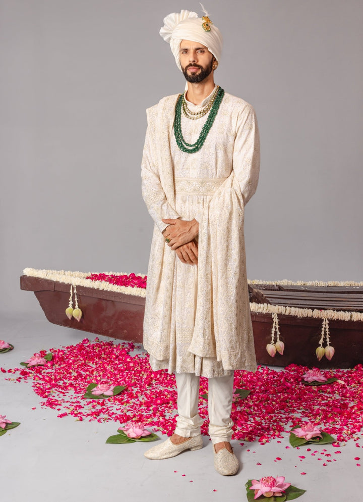 Ivory Embroidered Georgette Sherwani Set Kalpraag - Fabilicious Fashion