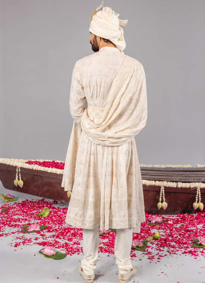 Ivory Embroidered Georgette Sherwani Set Kalpraag - Fabilicious Fashion