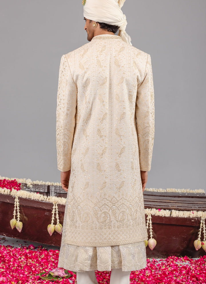 Ivory Embroidered Georgette Sherwani Set Kalpraag - Fabilicious Fashion
