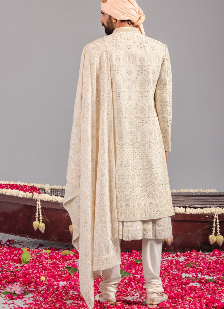 Ivory Embroidered Georgette Sherwani Set Kalpraag - Fabilicious Fashion