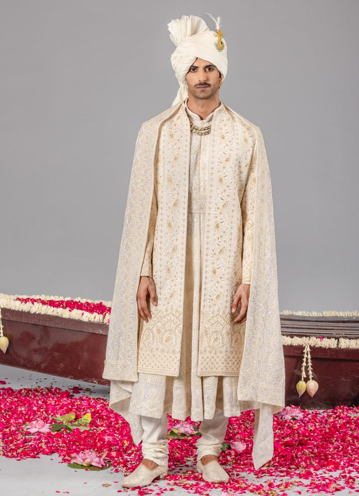 Ivory Embroidered Georgette Sherwani Set Kalpraag - Fabilicious Fashion