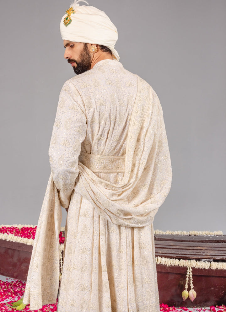 Ivory Embroidered Georgette Sherwani Set Kalpraag - Fabilicious Fashion