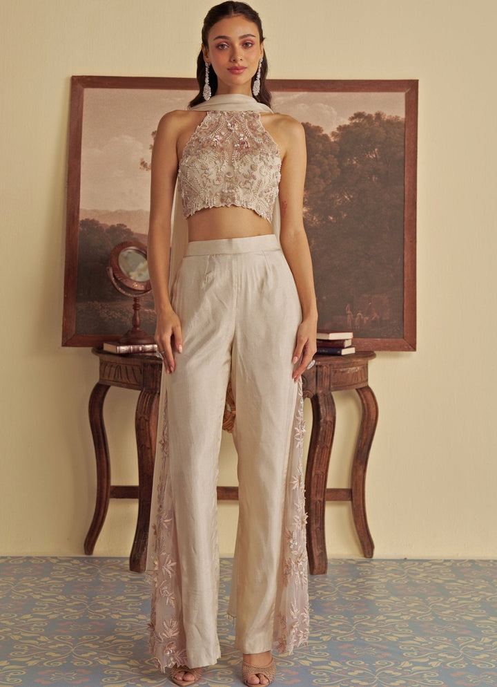 Ivory Embroidered Halter Blouse Pant Set Jade by Ashima - Fabilicious Fashion
