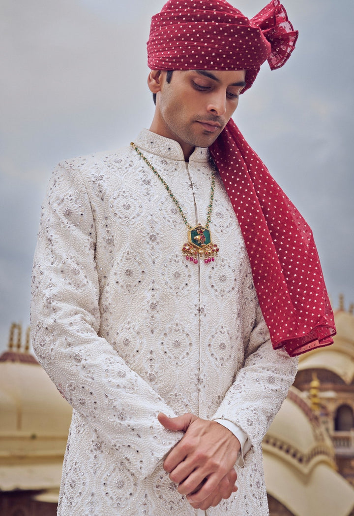 Ivory Embroidered Silk Sherwani Nitika Gujral - Men - Fabilicious Fashion
