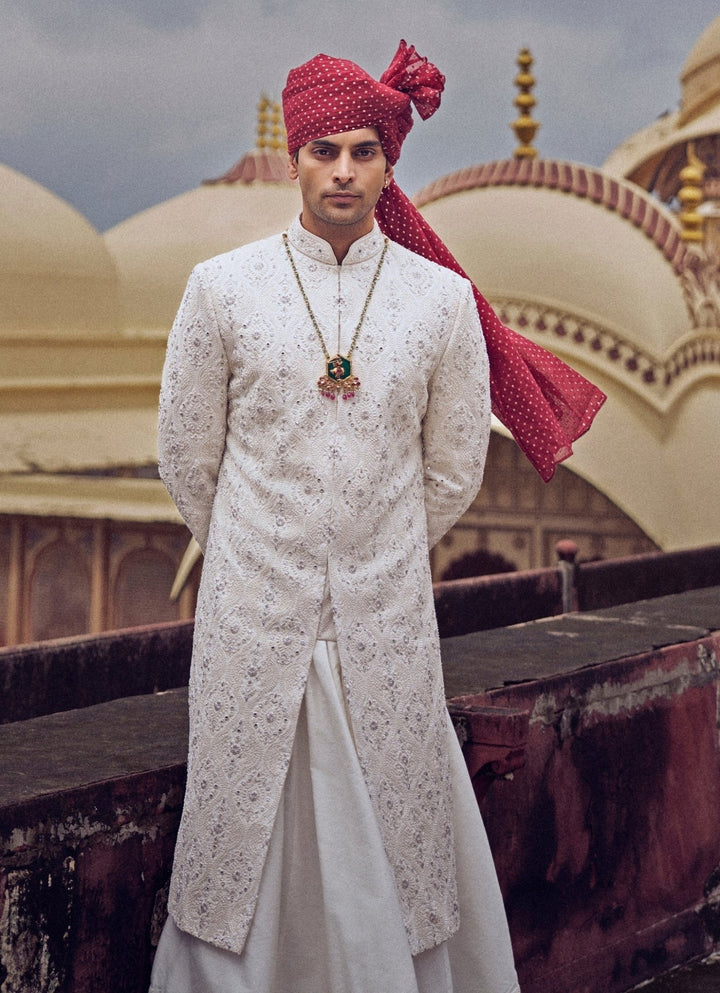 Ivory Embroidered Silk Sherwani Nitika Gujral - Men - Fabilicious Fashion