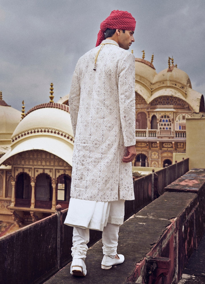 Ivory Embroidered Silk Sherwani Nitika Gujral - Men - Fabilicious Fashion