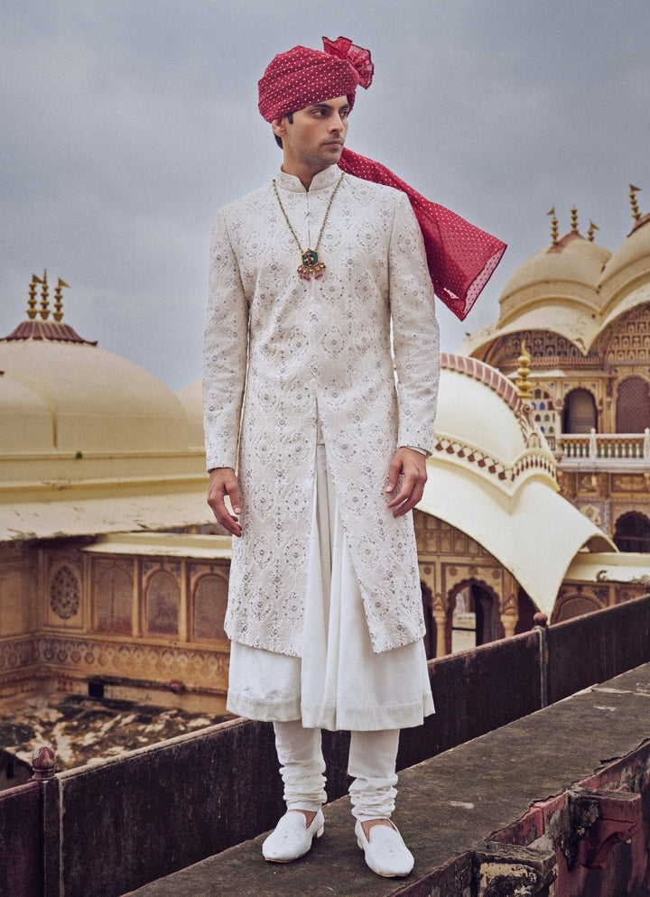 Ivory Embroidered Silk Sherwani Nitika Gujral - Men - Fabilicious Fashion