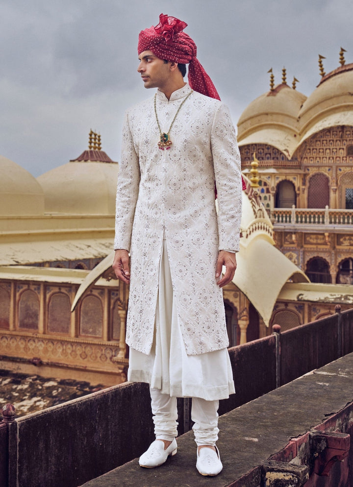 Ivory Embroidered Silk Sherwani Nitika Gujral - Men - Fabilicious Fashion