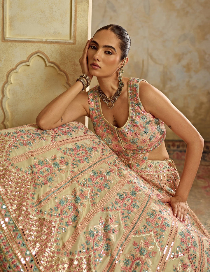 Ivory Embroidered Tissue Lehenga Suhino - Fabilicious Fashion