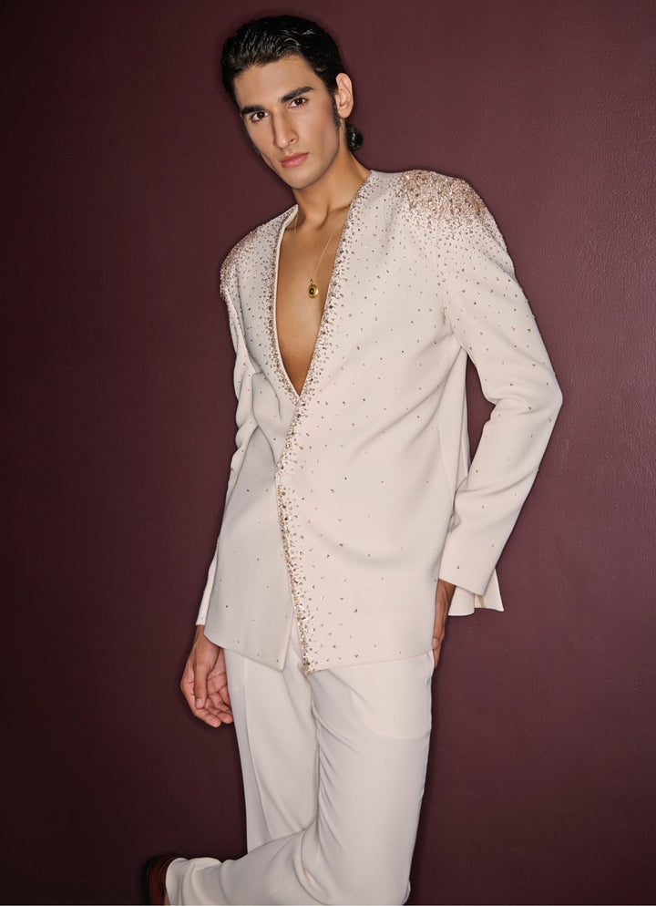Ivory Embroidered Tuxedo Set Contrast By Parth - Fabilicious Fashion