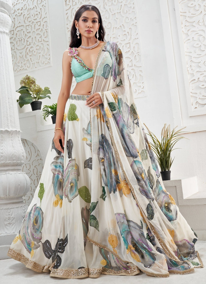 Ivory Hand Painted Georgette Lehenga Set With Bralette Priti Sahni - Fabilicious Fashion